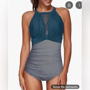 NWT Tempt Me high neck plunged neck ruched tummy control one pc swimsuit sit XL